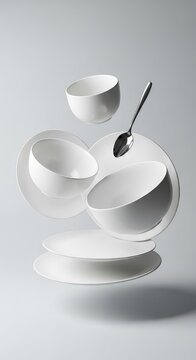 Minimalist white ceramic bowls and round plates floating in the air with a silver spoon against a clean light gray background with shadows, crockery, gray, flying