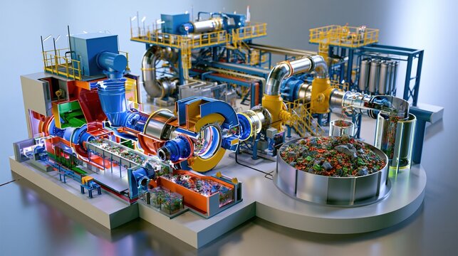 3D render of an isometric cutaway diagram showing the internal recycling and filtration systems of a mineral processing plant
