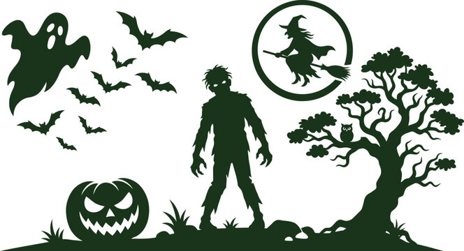 Green silhouette illustration of halloween creatures including a witch zombie bats and pumpkin