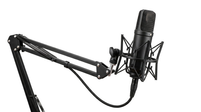 Professional studio microphone with boom arm isolated on a transparent background