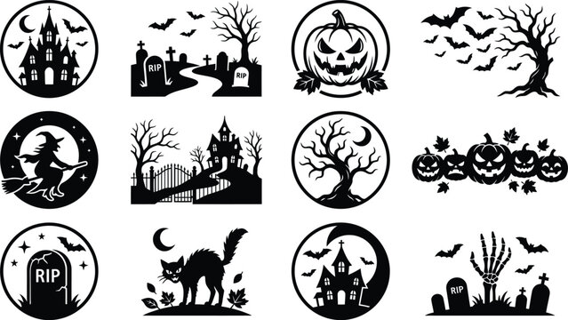 Black and white halloween themed silhouettes featuring spooky scenes and iconic imagery