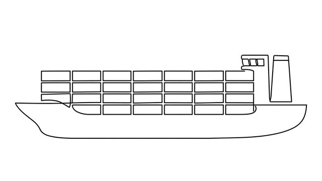 Cargo ship line art illustration white background.