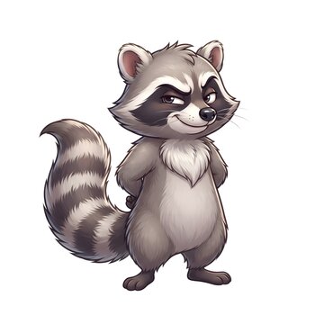 Sly raccoon with hands behind back and a mischievous grin.