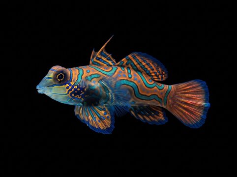 Mandarinfish (Synchiropus splendidus) Isolated on Black Background