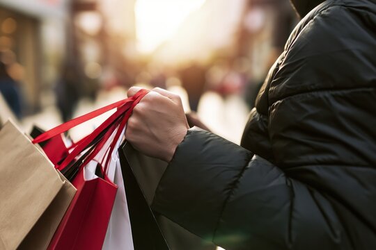 Hand Carrying Colorful Retail Tote Bags in Warm Urban Streetlight with Elegant Lifestyle Atmosphere