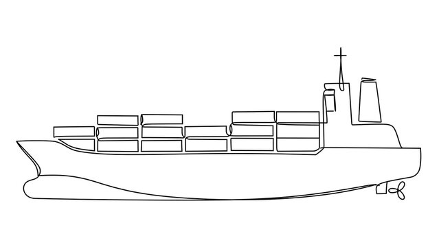 Cargo ship line drawing on white background.