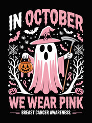 Naklejka premium In October we wear pink Halloween breast cancer awareness art