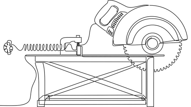 Circular saw cutting wood on table white background.