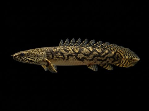 Ornate Bichir (Polypterus ornatipinnis) Isolated on Black Background