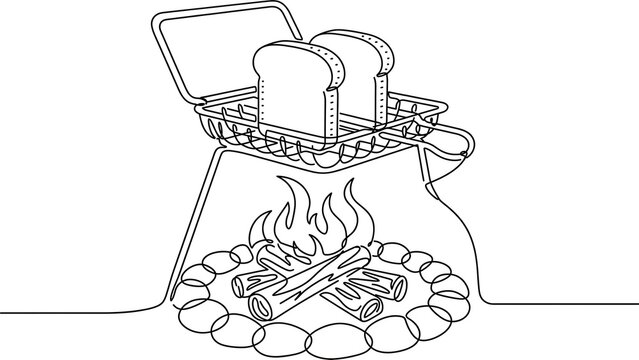 Campfire toasting bread on grill white background.
