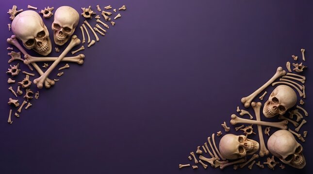 Halloween background with human skulls and bones arranged in corners on a dark purple textured surface