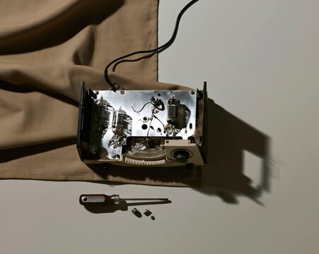 Opened valve radio chassis on a tan cloth with a screwdriver and loose components, featuring a dusty metallic finish for repair and vintage electronics concepts, with copy space