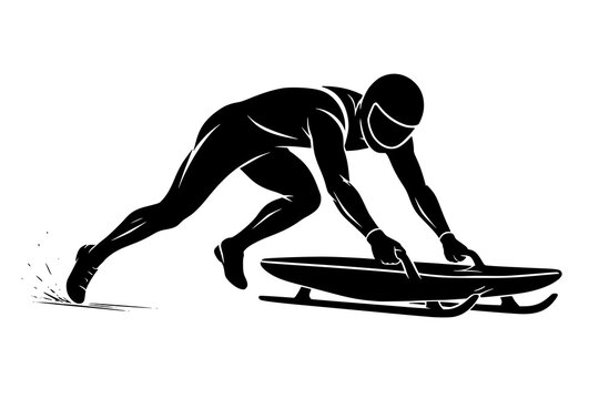 Luge athlete explosive push off. Sled launch action. Winter racing silhouette