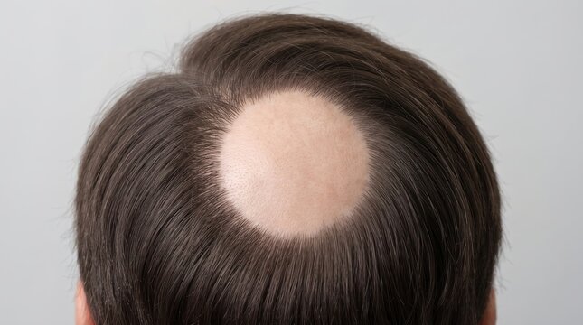 Top view of circular bald spot patch on scalp caused by alopecia areata hair loss