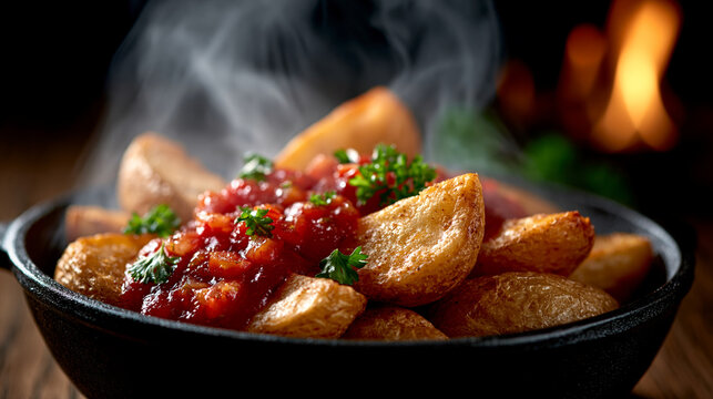 Freshly cooked roasted potatoes in a dark bowl with red sauce and herbs