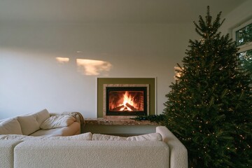 Naklejka premium Decorated christmas tree with glowing lights in a cozy living room with a burning fireplace and boucle sofa, for holiday home decor and interior design