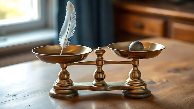 An old brass balance scale, one tray holds a white feather, the other a metal weight.