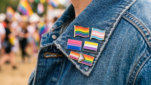 Person Wearing Diverse Pride Flag Lapel Pins at Pride Parade Event abstract background with flowing shapes and lines