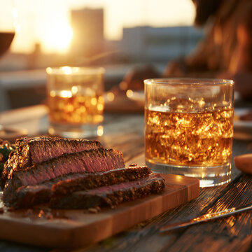Sliced grilled beef steak on a wooden board served with whiskey glasses at sunset