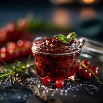 Jar of red currant jam with fresh berries and rosemary on slate currant jelly berry jam