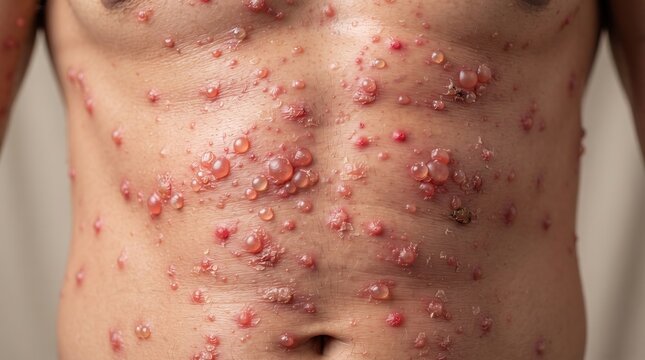 Widespread Mpox Monkeypox or Chickenpox Blister Rash on Male Torso