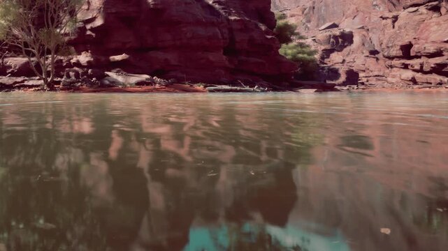 Water reflects large red rocks and green trees in a canyon. The scene shows a calm river with stillness in the early morning light. Nature surrounds the area with beauty.
