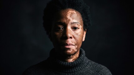 Obraz premium Portrait of a beautiful African American woman with vitiligo skin condition on dark background