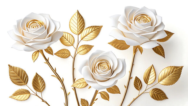 White roses and golden leaves arrangement on a white background