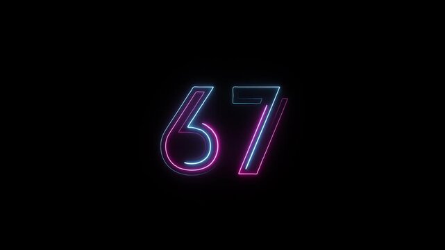 Number 67 in neon style, neon number with transparent background, sixty seven