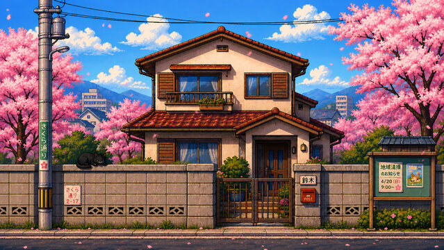 Japanese suburban house in spring with cherry blossoms and sleeping cat pixel art