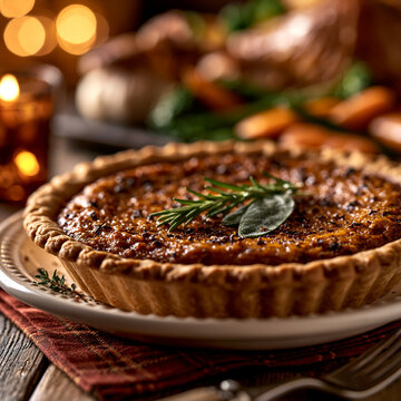 Savory baked quiche with golden crust on a white plate during a festive dinner