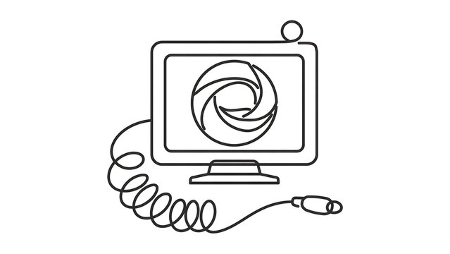Computer monitor with spiral logo on white background.