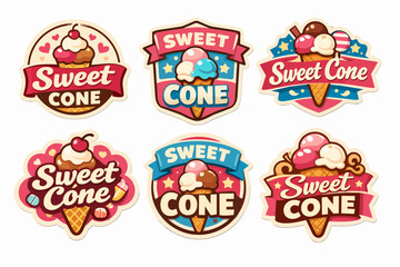 Naklejka premium Sweet cone labels showcasing various colorful ice cream designs, perfect for summer menus, dessert branding, and vintage-style stickers