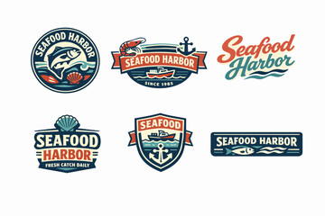 Naklejka premium Collection of vintage retro style seafood harbor logos, emblems, badges, and designs for restaurant and fishing businesses