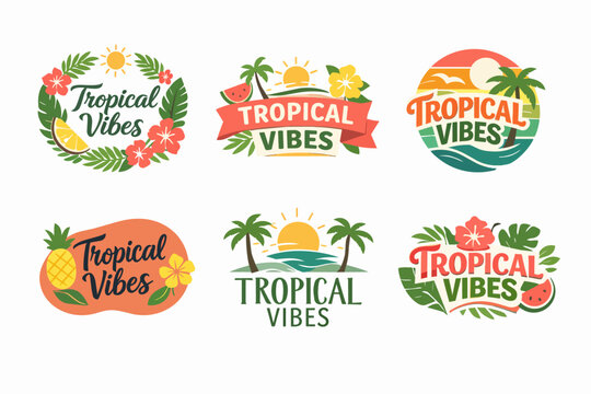 Tropical vibes emblem collection with palm trees, beach, sun, hibiscus and exotic fruits for summer holiday travel design