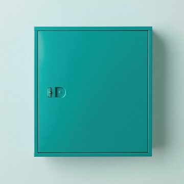 Metal first-aid cabinet with a smooth matte finish mounted on a clean wall, featuring a blank surface for a medical mockup and copy space