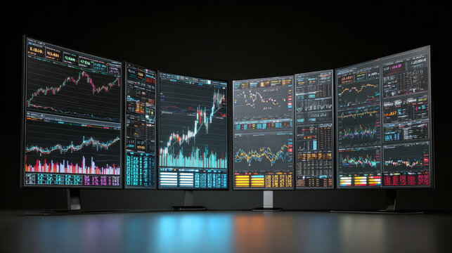 Sophisticated trading environment featuring several screens showcasing financial market information and stock analysis charts