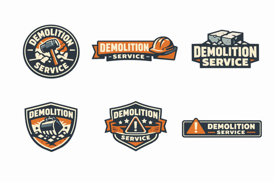 Demolition service logo designs featuring tools, hard hat, excavator, and warning signs for construction concepts