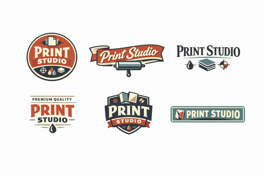 Print studio logo concepts with different vintage designs, showcasing printing elements like ink drops, paper, and rollers