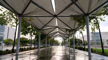 Fototapeta premium A covered walkway with a geometric canopy shelters a wet pavement lined with trees and modern buildings under soft daylight