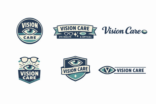Vision care and optical health branding concept set featuring eye icons, glasses, and shield elements for businesses