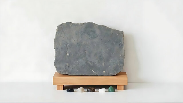 Diorite slab with polished stones on wooden plinth.