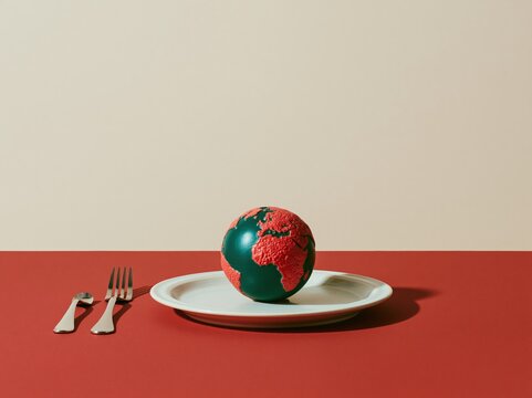 Small globe on a white ceramic plate with utensils on a red surface, a conceptual scene with a matte finish for world food and global cuisine concepts, including copy space