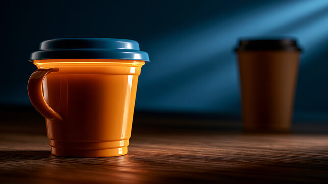 Orange coffee cup with blue lid on dark wooden surface wooden table dark background beverage