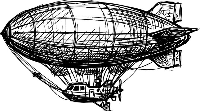 Blimp vector hand drawn airship sketch on white background