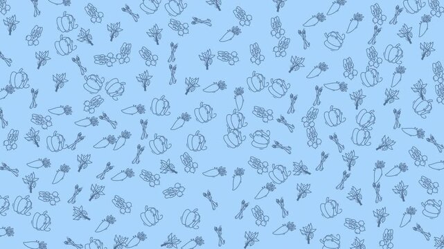 A charming and whimsical pattern featuring hand-drawn sketches of various vegetables on a soft blue backdrop. Ideal for food-related projects, packaging, or backgrounds.