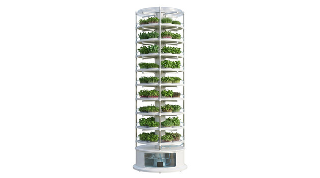 Vertical hydroponic gardening system with multiple tiers of fresh green plants isolated on white background