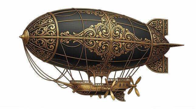 Steampunk blimp vector with golden filigree patterns