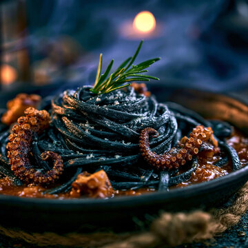 Black squid ink pasta with octopus tentacles and savory tomato sauce on dark plate