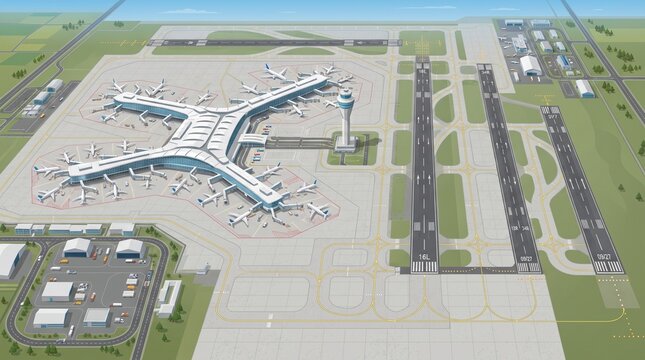 Modern International Airport with Runways, Terminal and Control Tower, organized aviation infrastructure shown in clean flat vector illustration